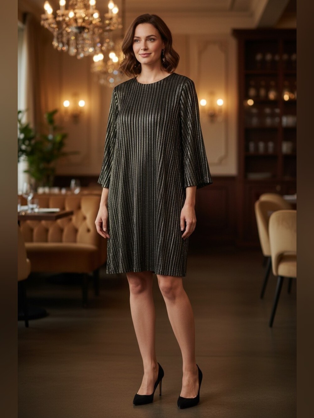 Chico's 2 Metallic Gold Black Striped Midi Dress Cocktail Large 12/14